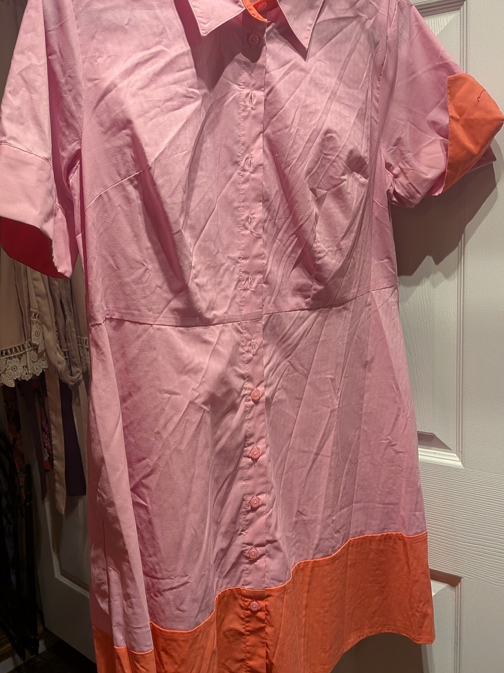 Isaac Mizrahi Pink and Orange Color Block Short-Sleeve Button-Front Shirt Dress